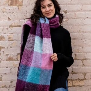 Sprigs Extra Long Checkered Fringe Scarf Plum Turquoise